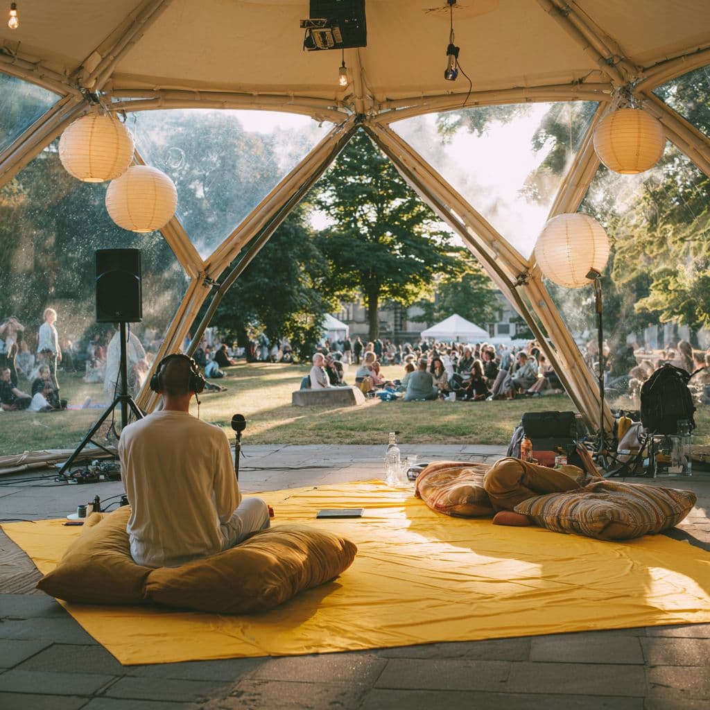 Person with headphones recording inside a geodesic dome on a yellow Audio Garden mat