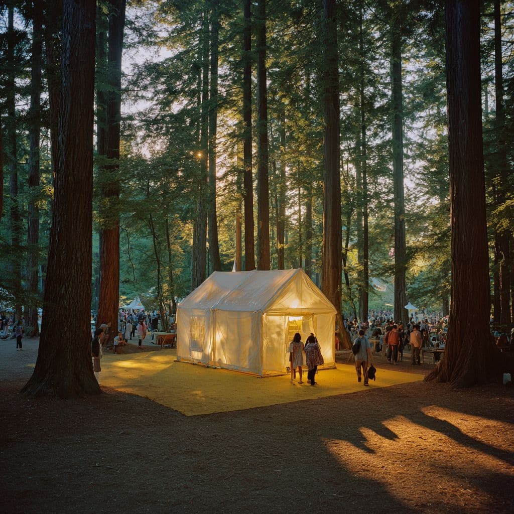 Glowing white pavilion on a yellow parallelogram mat among tall forest trees
