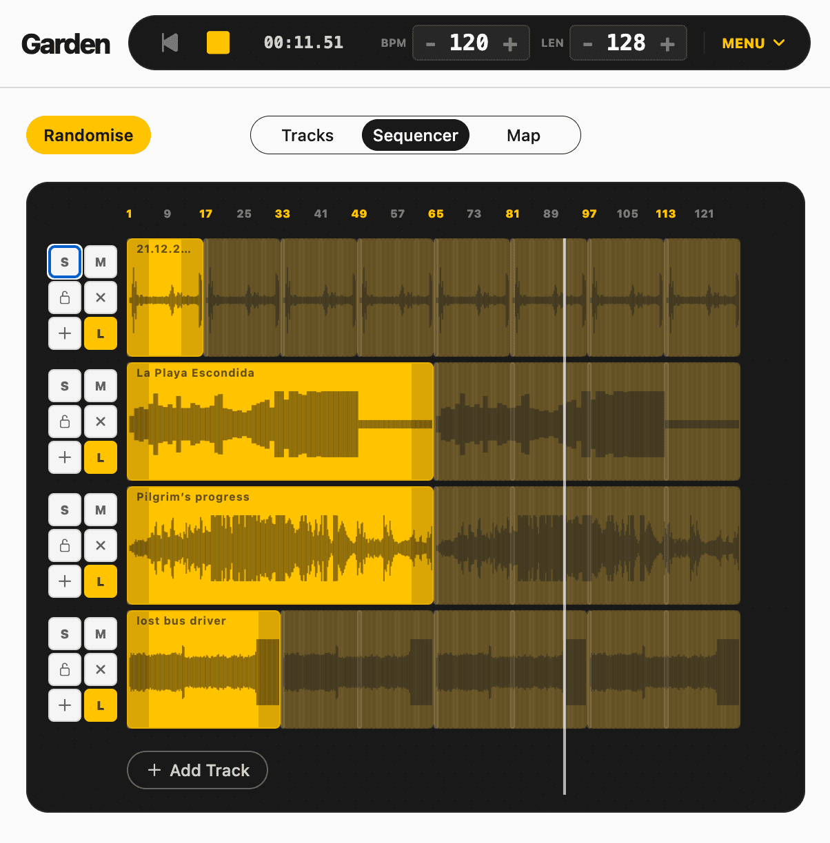 Soundscapes sequencer: multi-track timeline with waveforms, transport, and Tracks / Sequencer / Map tabs