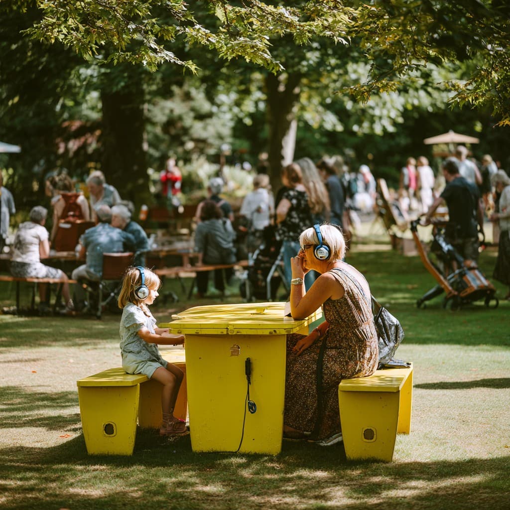 Two people with headphones at a yellow picnic table in a sunlit park